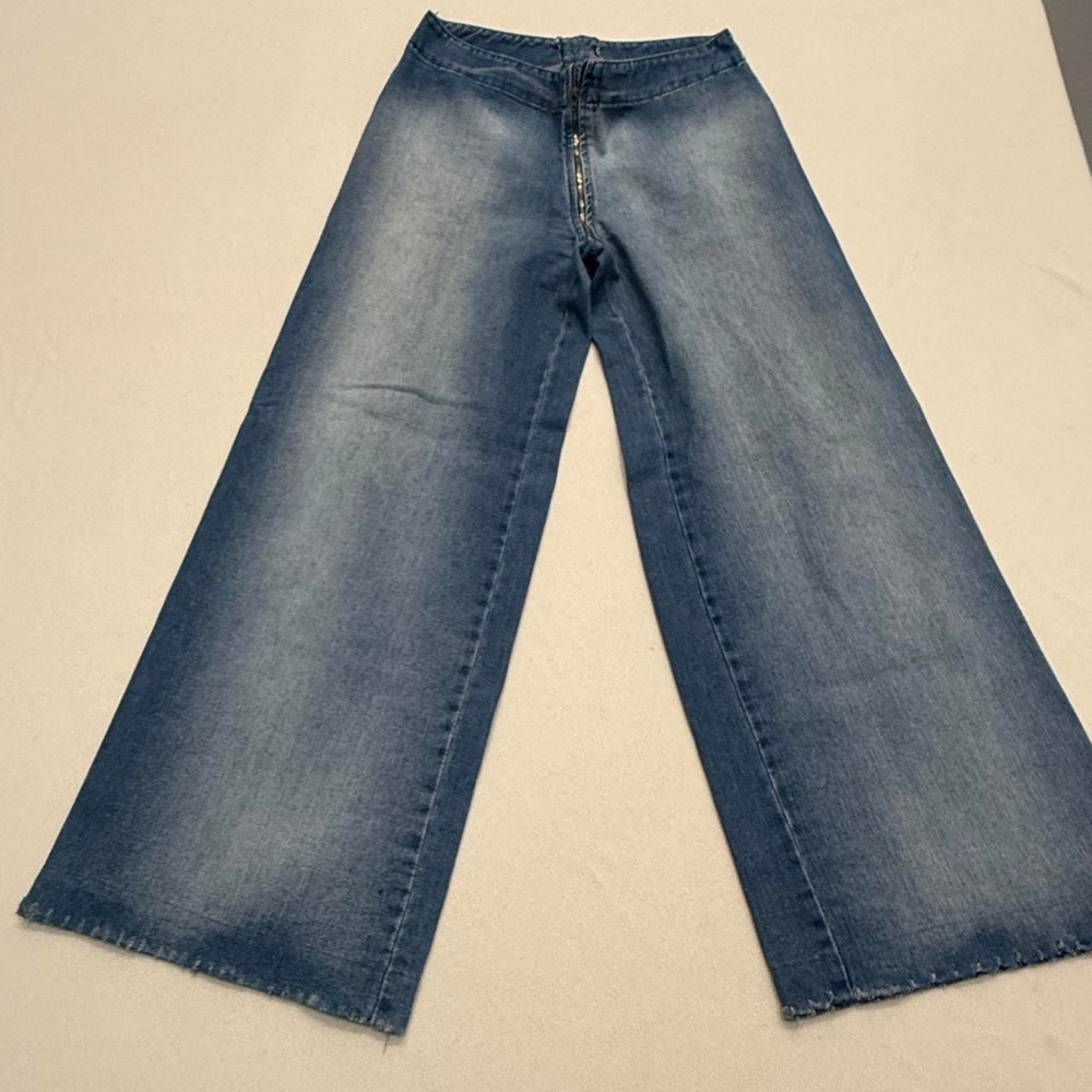 Aldefran Women Blue Wide Leg Bell Bottom Jeans Exposed Zipper Size 4